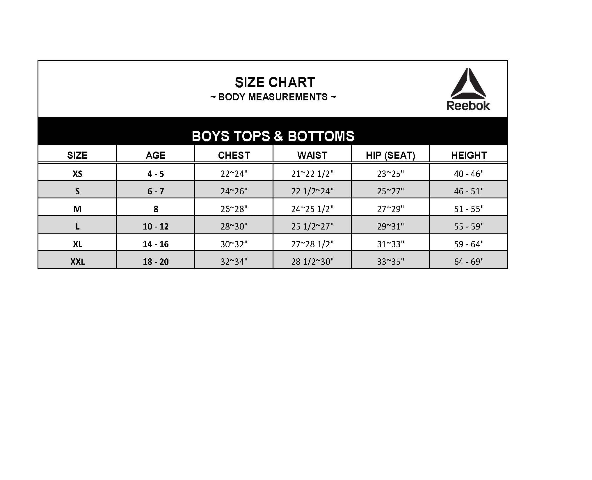 Size Chart  Reebok