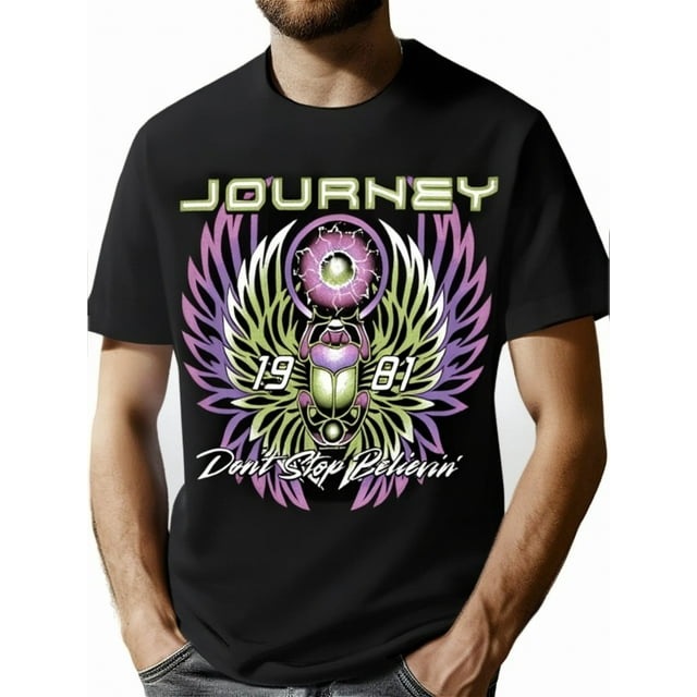Bold Style, Journey "Don't Stop Believin'" 1981 Men's T-Shirt - Casual Cotton Crew Neck with Vibrant Winged Graphic Print, All-Season Comfort Fit, Casual Wear|Retro Journey Shirt|Knitted Texture