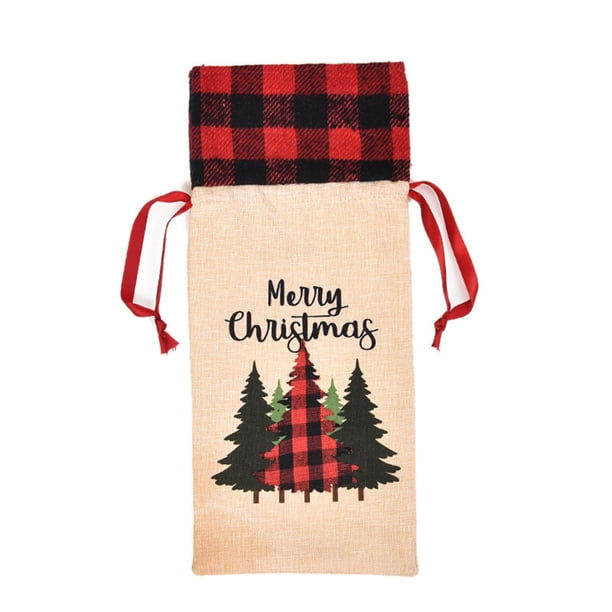 Ropa navideña con patrón de rejilla con cordón, manga de cerveza, de comedor, cubierta de botella de vino de lino de Año Nuevo, bolsa de Kits de decoración para fiestas Árbol de Navidad Wosthever HA068795-01
