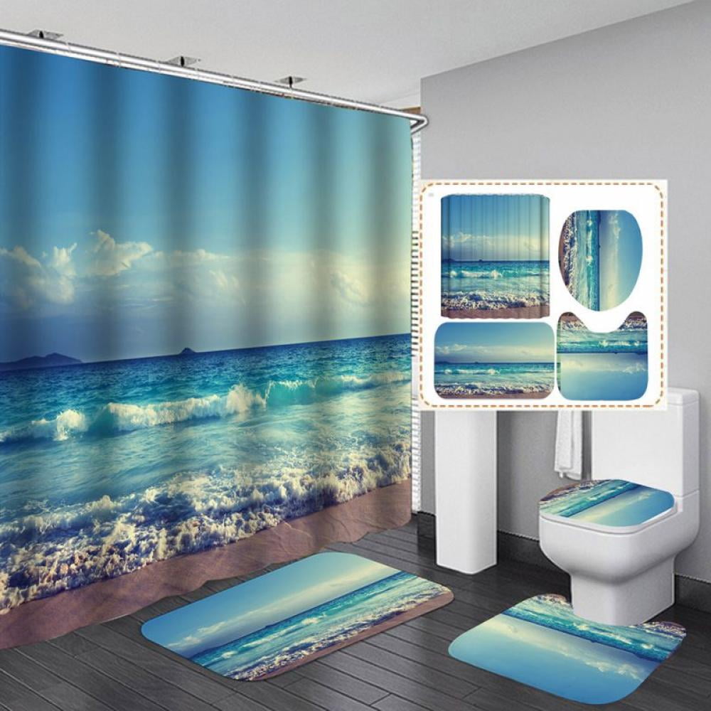 Tropical Beach Waves Shower Curtain Set Bathroom Mat Polyester Fabric w/12 Hooks 