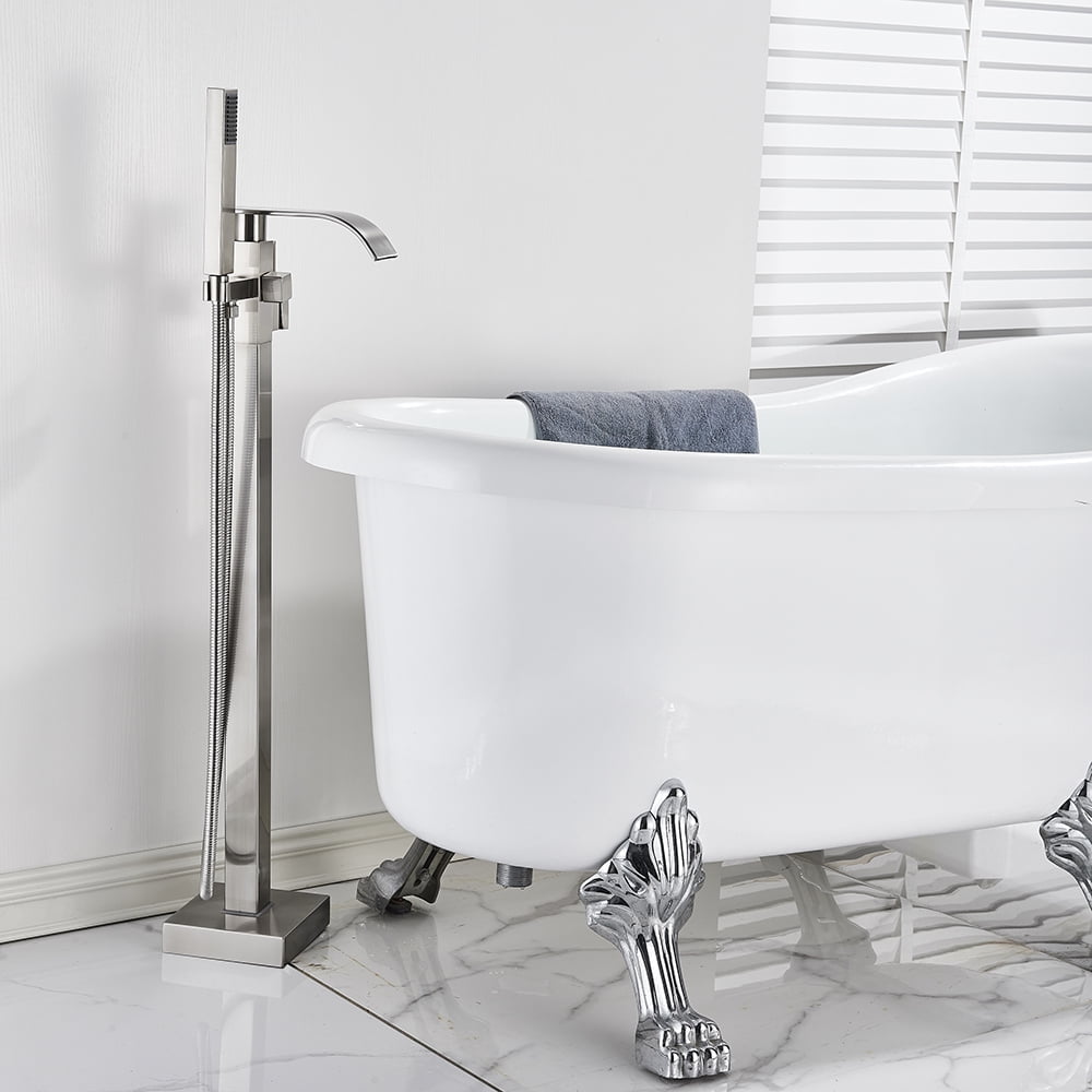 Free standing Bathtub Faucet Brushed Nickel Floor Mount Tub Filler Mixer Shower