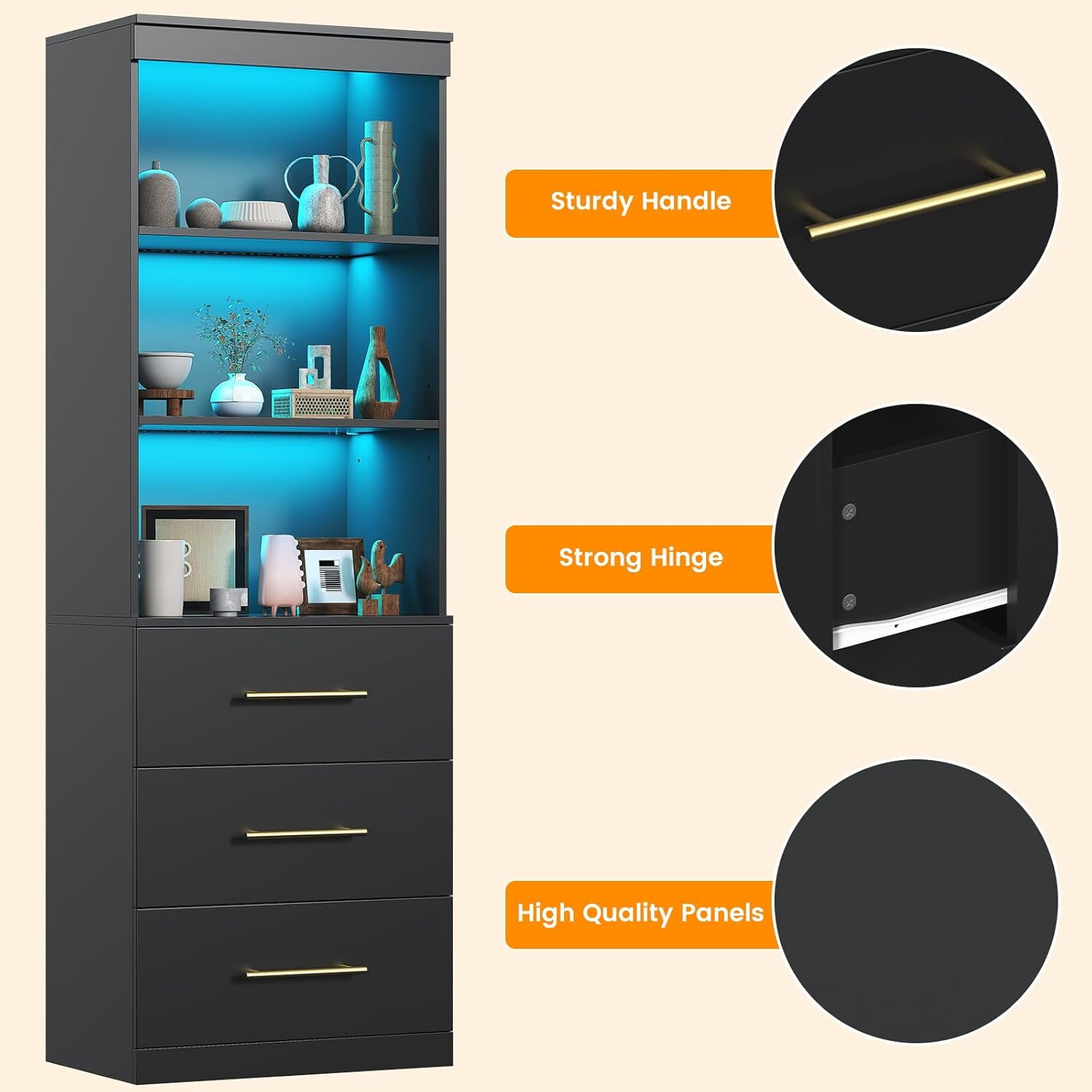 Winkalon 71" H Black Bookshelf with Drawers, Bookshelf and Bookcase with 3-Tier Open Shelves, Tall Bookcase Tall Storage Cabinet for Home Office