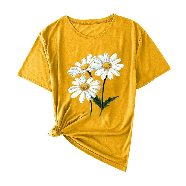 QUNYINEY Casual T Shirts for Women Short Sleeve Crew Neck Floral