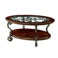 thumbnail image 4 of Royard Oaktree Oval Coffee Table w/Glass Top & Shelf, Traditional Cocktail Table w/Metal Scroll Legs, 4 of 7