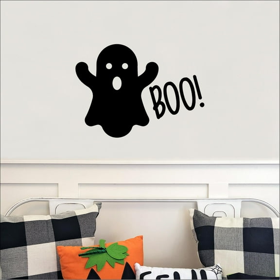 Halloween Ghost BOO! Spooky Vinyl Lettering Wall Decal Size: 14”H x 19”L  - Color: Black