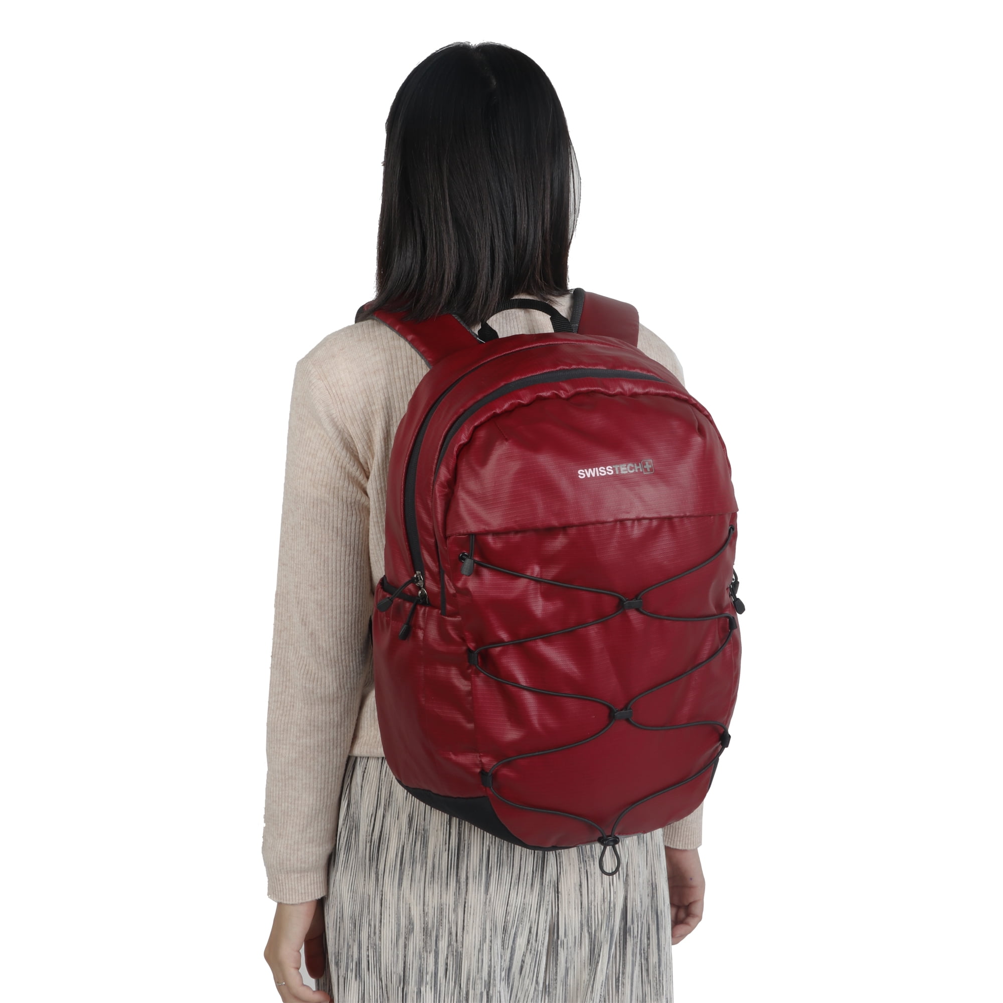 Swiss Tech Unisex Bungee 20 Liter Backpack for School or Work, Red, Ripstop Polyester, Teen and Adult