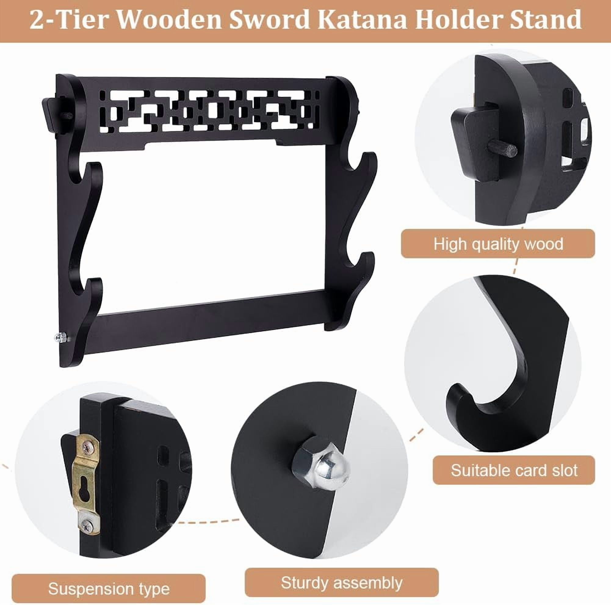 Stand 2-Tier Holder Hollow Pattern Rack Katana Stand Samurai Stand Holder Classic Katana Stand Holder Padded Wall Mount for Display Storage-3x15x11 Inch Black