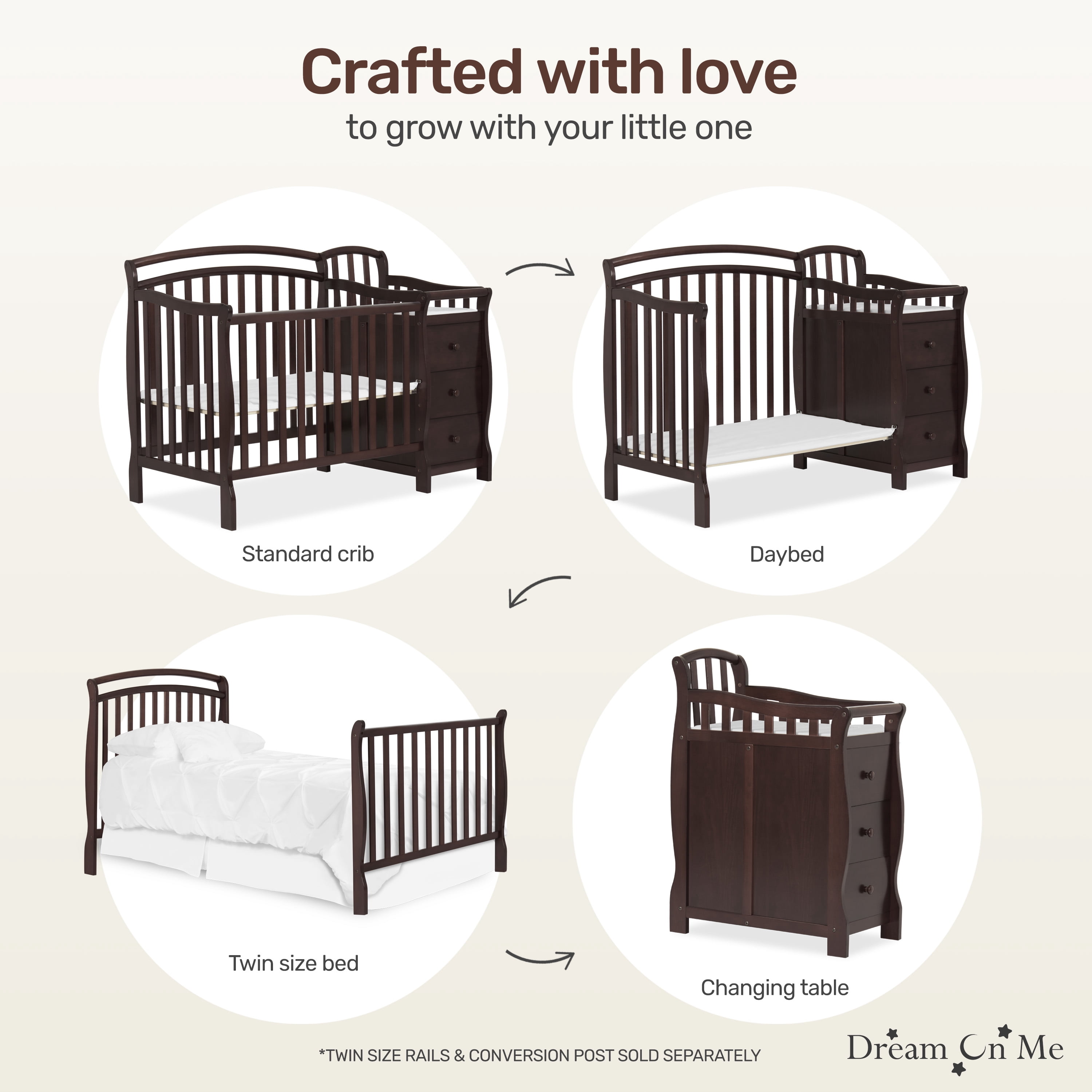 Dream On Me Casco 4-in-1 Mini Crib and Dressing Table, Espresso
