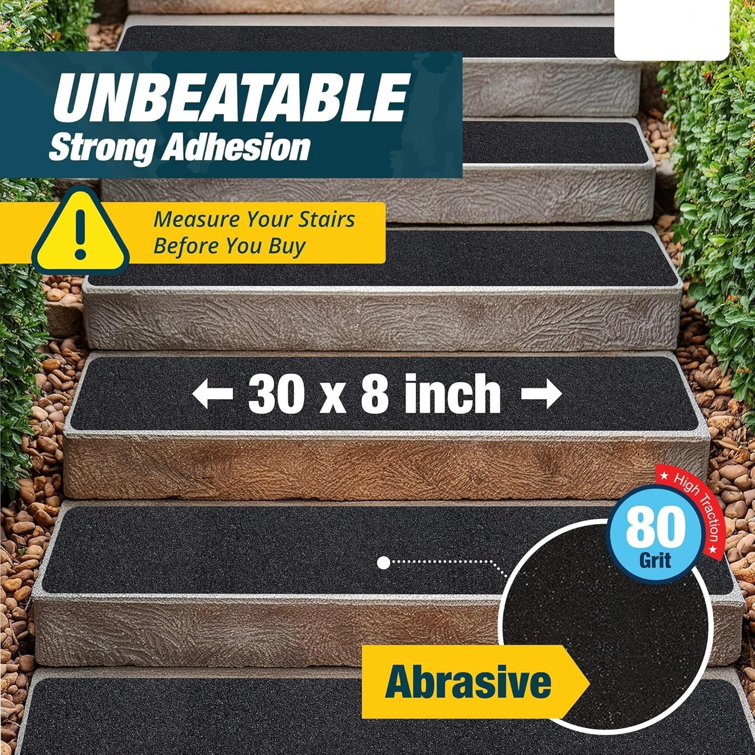 Outdoor Stair Treads Non Slip 30" x 8" - 12-Pack Weather Resistant Exterior Grip Tape for Wooden Steps - Anti Skid Strips - Waterproof 80-Grit Adhesive Treads