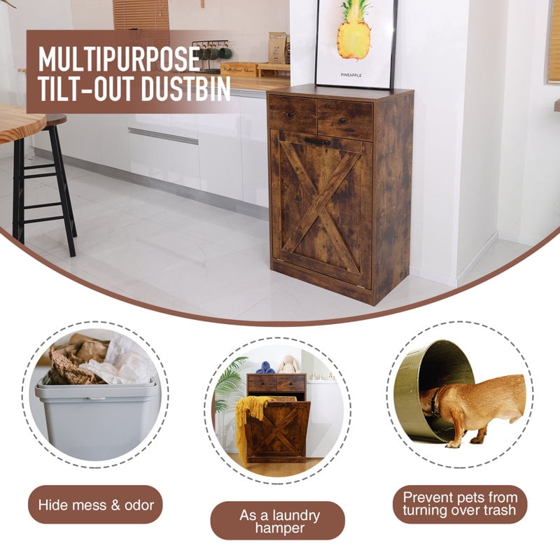 Tilt Out Trash Cabinet Free Standing with Drawer Trash Bin Storage Cabinet