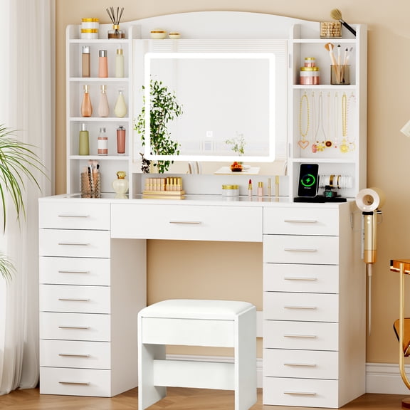 BEWISHOME 55.12'' Modern LED Makeup Vanity Set, 15 Drawers Vanity Desk with Charging Station, for the Bedroom, White