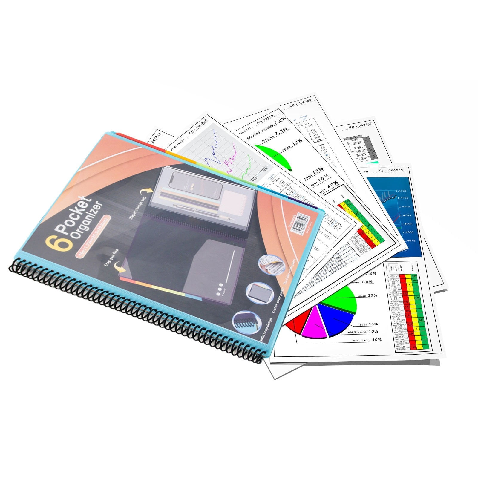 PPKVUFD Spiral Folder Organizer, Project Organizer, 6 Pockets, with Assorted Bright Tabs, Tear Resistant Poly, 1/6-Cut Tabs, Letter Size, Document Organizer