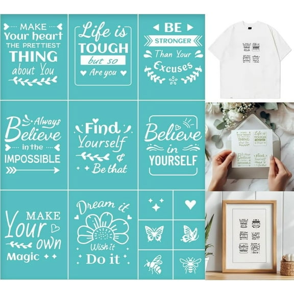 2 Sheets Positive Words Borders Silkscreen Stencil Reusable Self-Adhesive Silk Screen Printing Inspirational Mesh Transfers Stencil for Wall Border Wood Fabric Home Craft Decor