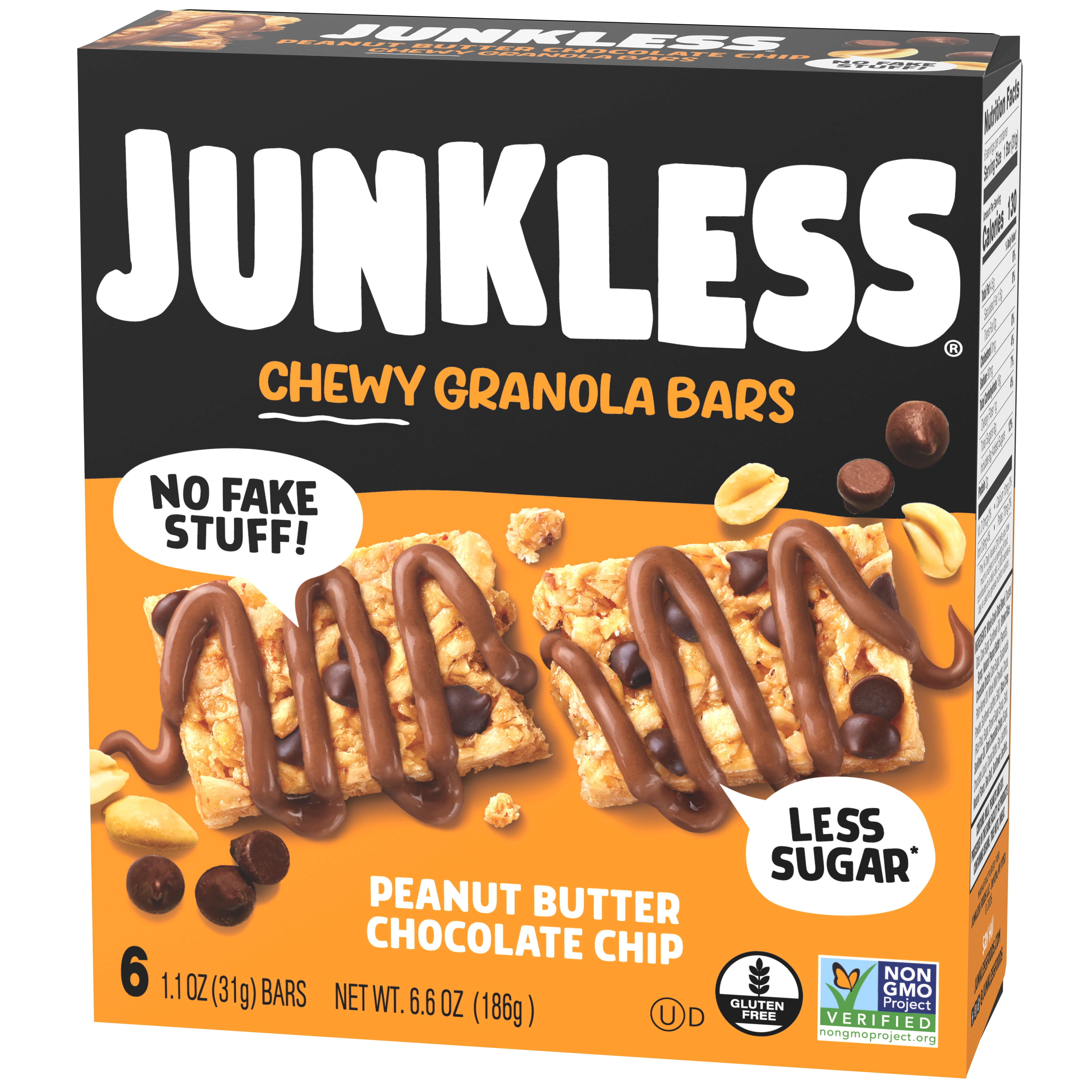 (8 pack) JUNKLESS Chewy Granola Bars, Peanut Butter Chocolate Chip, Less Sugar, Gluten Free, Non-GMO, 1.1 oz, 6 Count