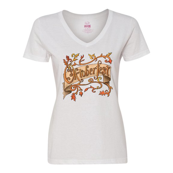 Inktastic Oktoberfest Banner with Orange Autumn Leaves Women's V-Neck T-Shirt