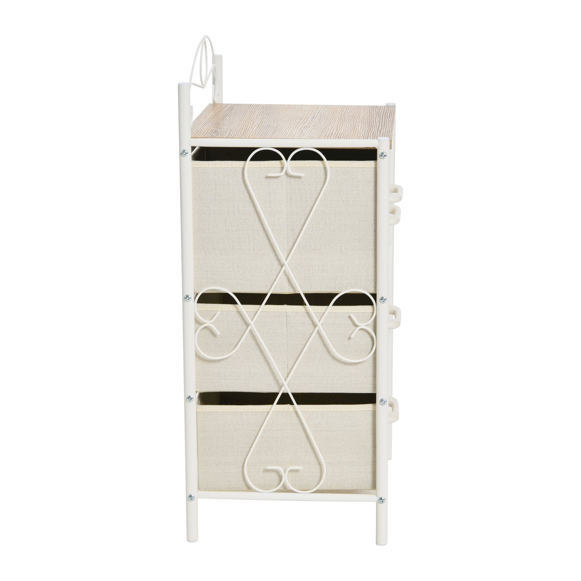 Household Essentials Victoria Dresser Nightstand Storage Organizer with 4 Beige Drawers White Metal Frame and Coastal Oak Rustic Wood Grain Top