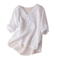thumbnail image 2 of ClodeEU Women's Embroidered Linen Blend V Neck Short Sleeve T-Shirt ,Casual Top for Summer White,Womens Plus L, 2 of 5