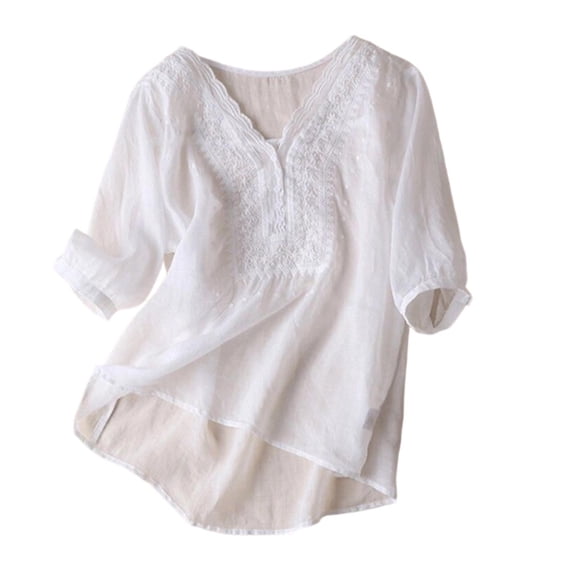 DeHolifer Linen Shirts for Women Summer Retro Embroidered 3/4 Sleeve Boho Peasant Tops Dressy Casual Blouses White L
