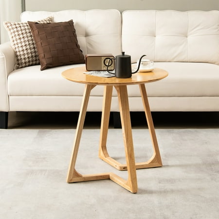 Costway 24'' Round Side Table Solid Rubber Wood End Table Beside Sofa&Bed for Small Space - Natural