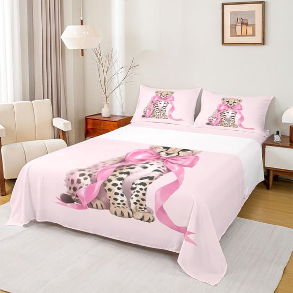 Homewish Teens Cartoon Bow Knot Leopard Twin Sheet Sets 3pcs,Kawaii Jungle Animal Twin Fitted Sheet Microfiber,Pink Brown Breathable Flat Sheet,Lightweight Room Decor