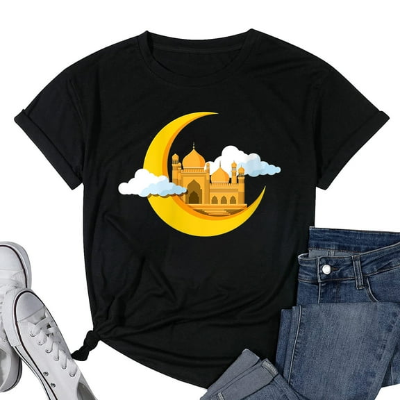 Womens Happy Eid Mubarak 2021 Al-Fitr Al-Adha Hajj Mabroor Gift Round Neck T-Shirt Black Small