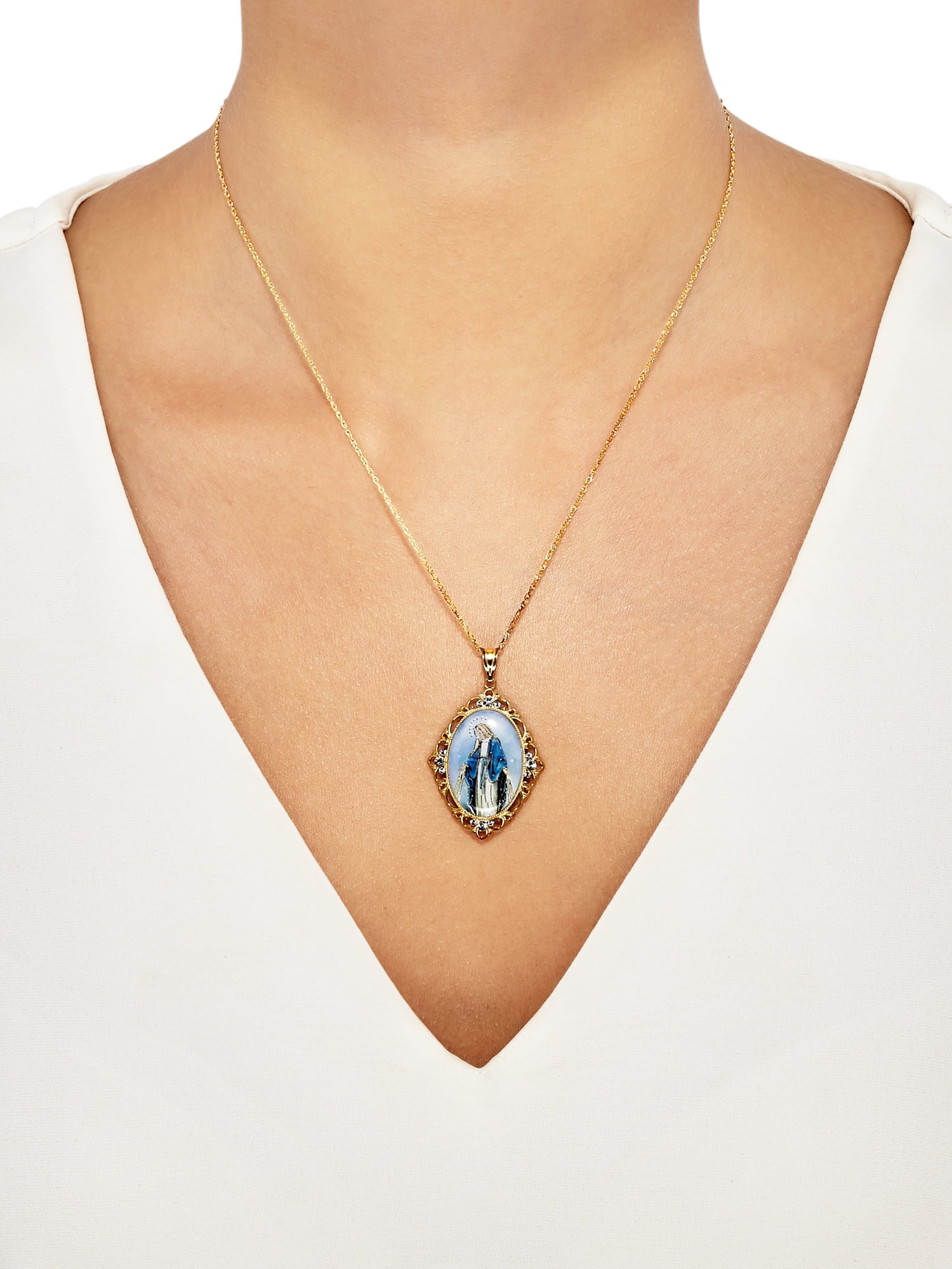 Brilliance Fine Jewelry Sterling Silver and 18K Gold Plated Virgin Mary with Crystal Pendant, 18" Necklace