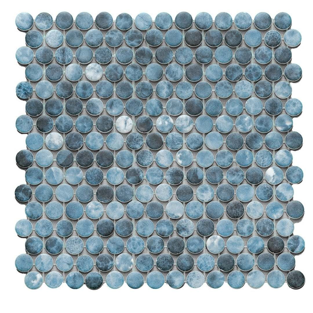 The Tile Life Eterna Penny 1" x 1" Onice Blue Glass Round Mosaic Floor and Wall Tile 1 Sheet