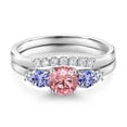 thumbnail image 3 of Gem Stone King 10K White Gold Pink and White Lab Grown Diamond Blue Tanzanite 5 Stone Bridal Engagement Wedding Ring Set for Women (0.91 Cttw, Round: 5MM and 3MM, Size 7), 3 of 6