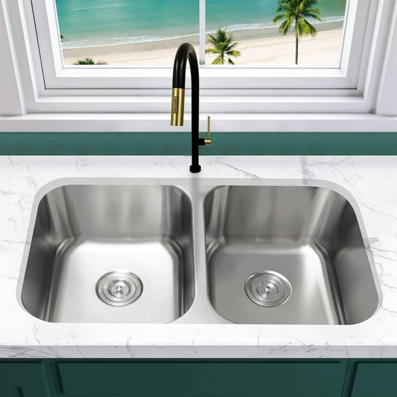 32 Inch Stainless Steel Double Equal Bowl Classic Kitchen Sink, Extra Thick 16 Gauge Undermount Rust, Sound and Heatproof Sink with Sink Strainer and Removable Garbage Basket