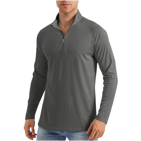 Brnmxoke Mens Sunshirt Summer Casual Half Zip Stand Collar Long Sleeve Sunshirts Sun Protection Fishing Running Outdoor T-Shirts Dark Gray,XL