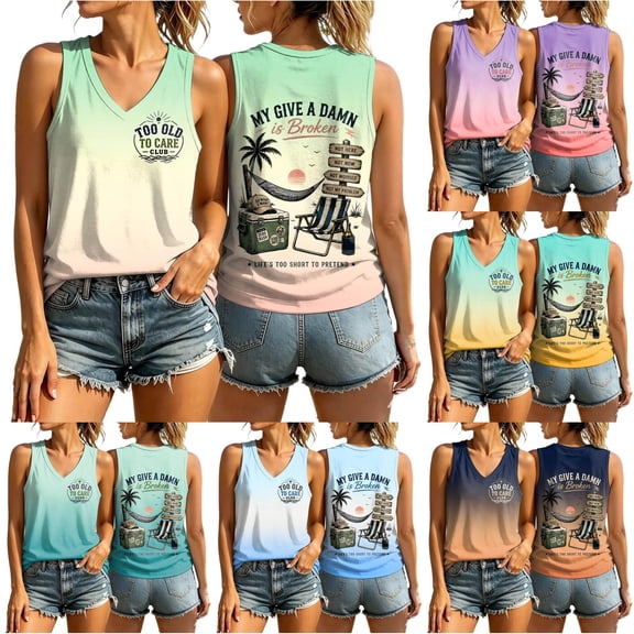 HCYSFG Women My Give A Damn Is Broken Back Graphic Tank Top V Neck Sleeveless Ombre Summer Shirt Funny Saying Beach Vacation Casual Top