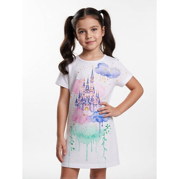 Kids Everyday Short Sleeve Dress Comfort-Fit Round Neck Sundress for Girls Little Girls Age 5-10 Basic Design