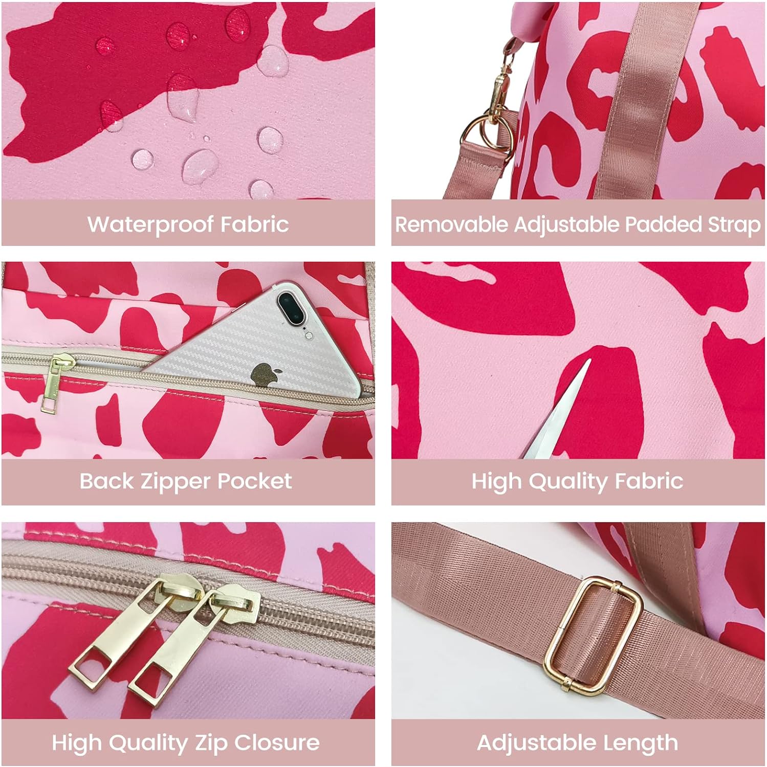 Cow Print Travel Duffle Bags for Womens, Pink Leopard Sports Tote Gym Bag,Carry on Overnight Workout Bag with Trolley Sleeve Wet Pocket Beach Yoga, Cow, Animal Sport Travel
