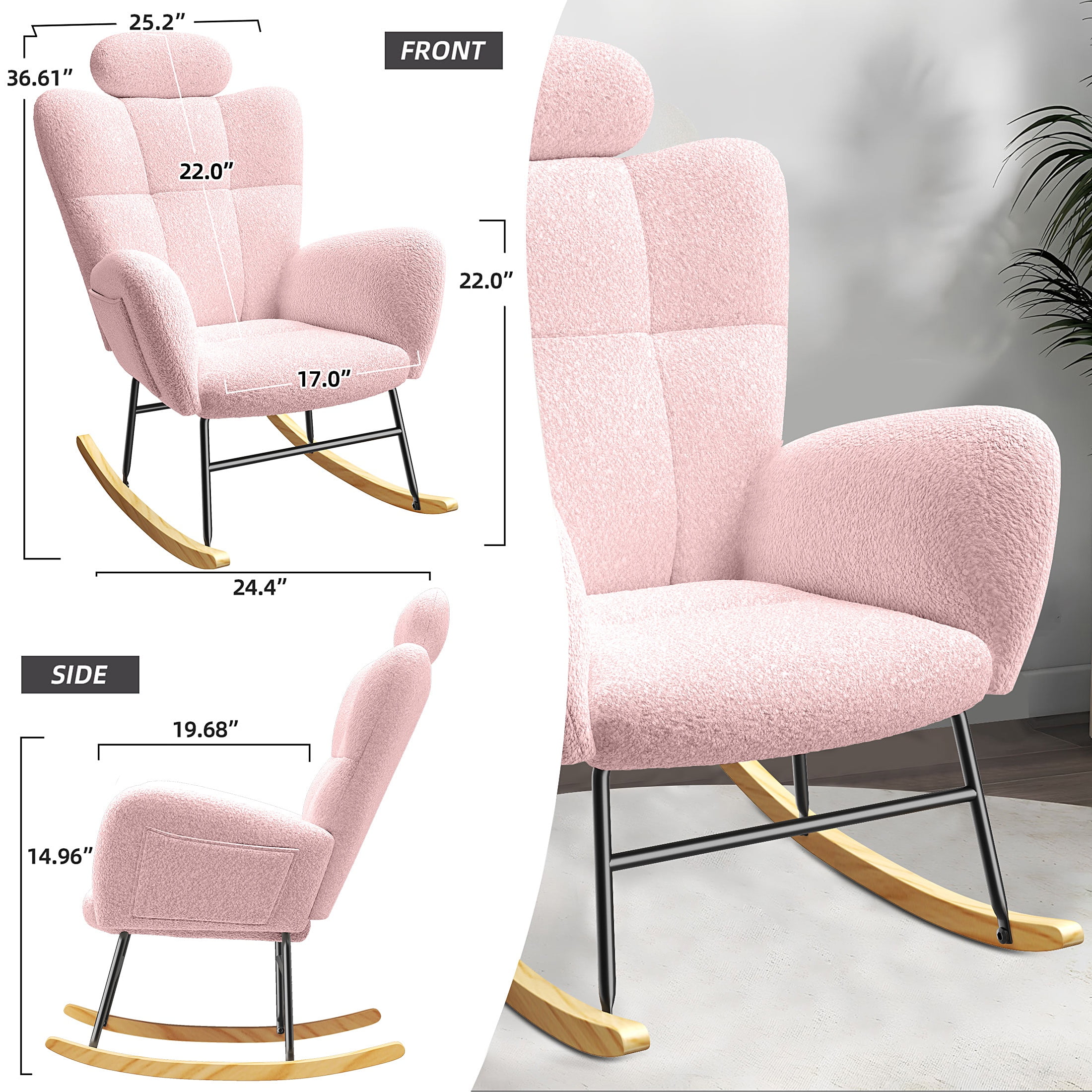 UHOMEPRO Modern Teddy Fabric Rocking Chair, Accent Rocker Chair with High Backrest, Accent Glider Rocker for Living Room Bedroom Playroom, Pink