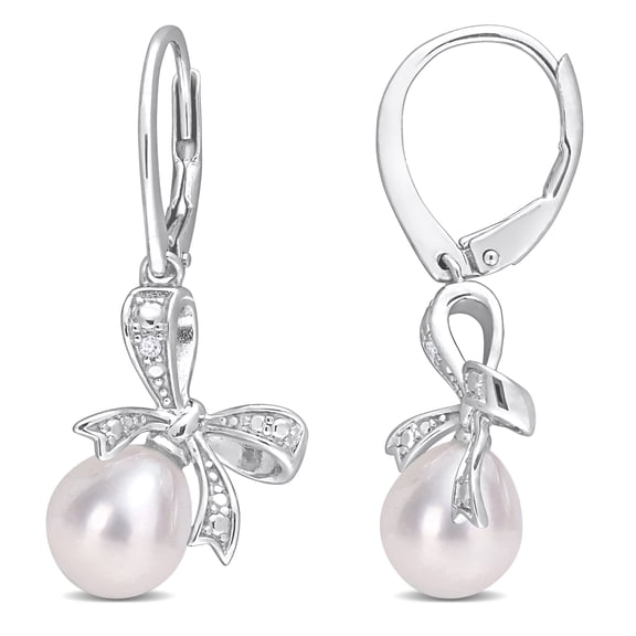 Everly Women’s 7.5-8mm Cultured Freshwater Pearl & Diamond Accent Silver Bow Leverback Earrings