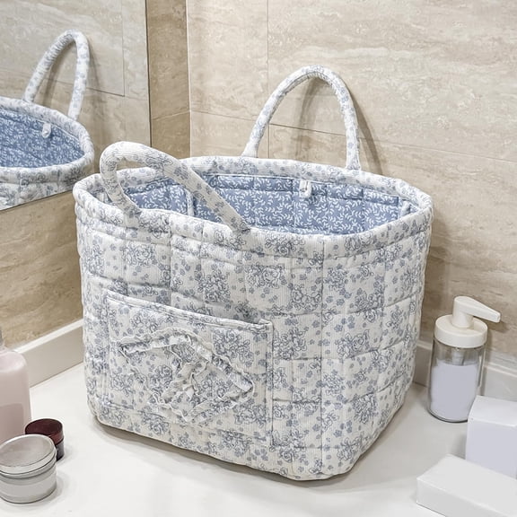 Boho Fabric Storage Basket with Handles Collapsible Quilted Soft Basket for Car, Clothes, Toys Storage