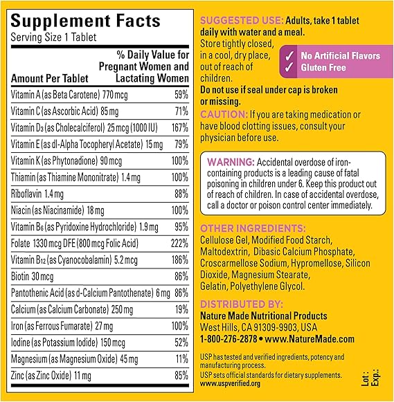 Nature Made Multi Prenatal Tablets - Rich in Folic Acid, Iron & Zinc Value Size 250 Ct