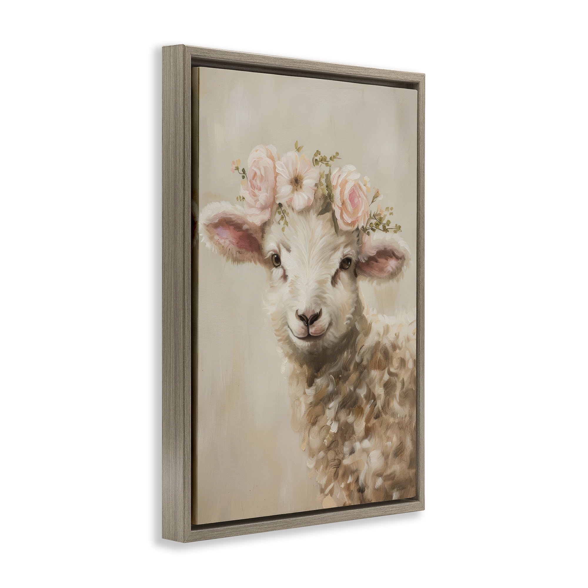 Stupell Industries Soft Floral Lamb Animals & Insects Painting Brown Floater Framed Canvas Art Print Wall Art, 17 x 25