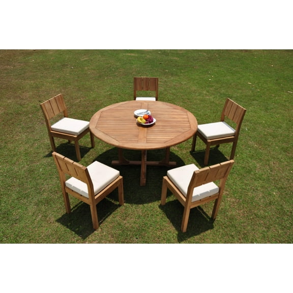 Grade-A Teak Dining Set: 5 Seater 6 Pc: 60" Round Table And 5 Veranda Armless Chairs Outdoor Patio WholesaleTeak #WMVR58