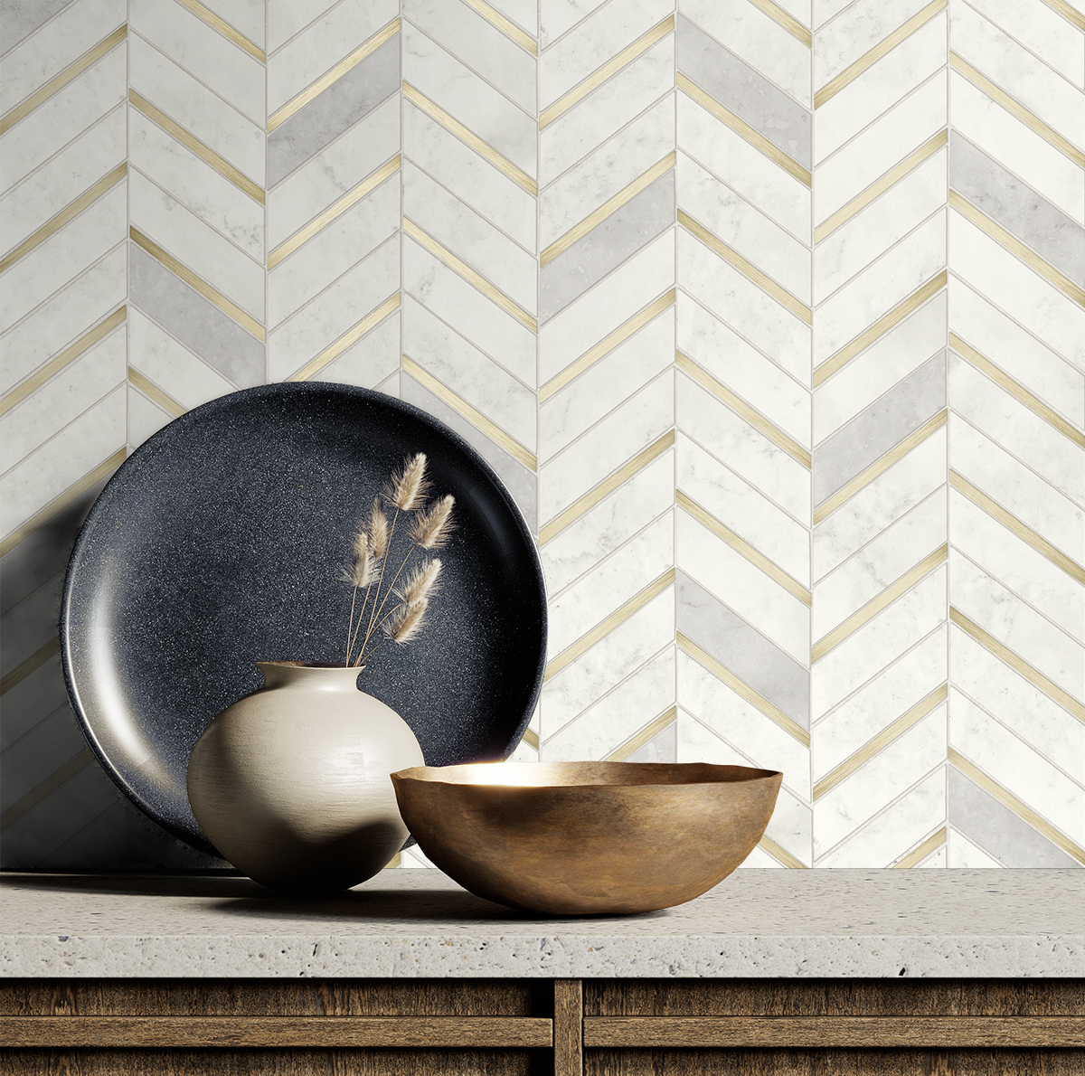 NextWall Metallic Gold & Pearl Gray Chevron Marble Tile Peel and Stick Wallpaper