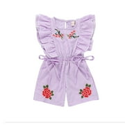 Angle View: Little Girls Rompers Ruffle Sleeveless Striped Floral Jumpsuit Summer Outfits