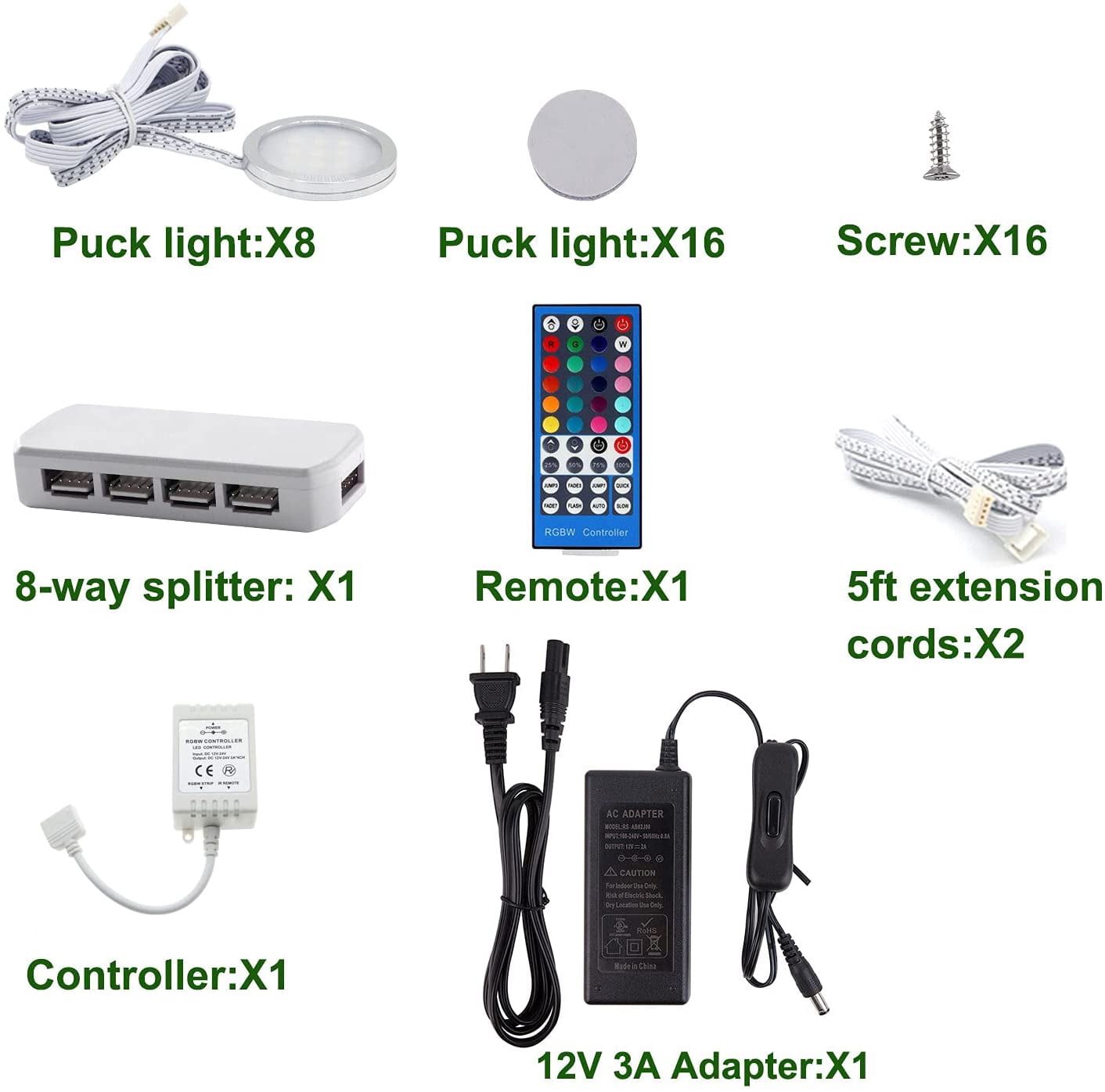 RGBW RGB + White Color Changing Under Cabinet LED Lighting Kit Wireless 40-Key RF Remote Control ( 8 Lights)