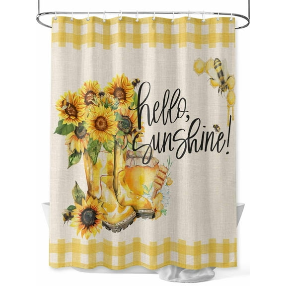 Shower Curtains Hello Sunshine Bath Curtain Sunflower Bee Yellow Buffalo Plaid Waterproof Bathroom Shower Curtain Set with Hooks Decoration 72 x 72 Inches
