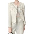 thumbnail image 1 of chamarra de tweed blanca a cuadros para mujer, con parte delantera abierta, sin cuello, elegante chamarra corta de trabajo, 1 of 1