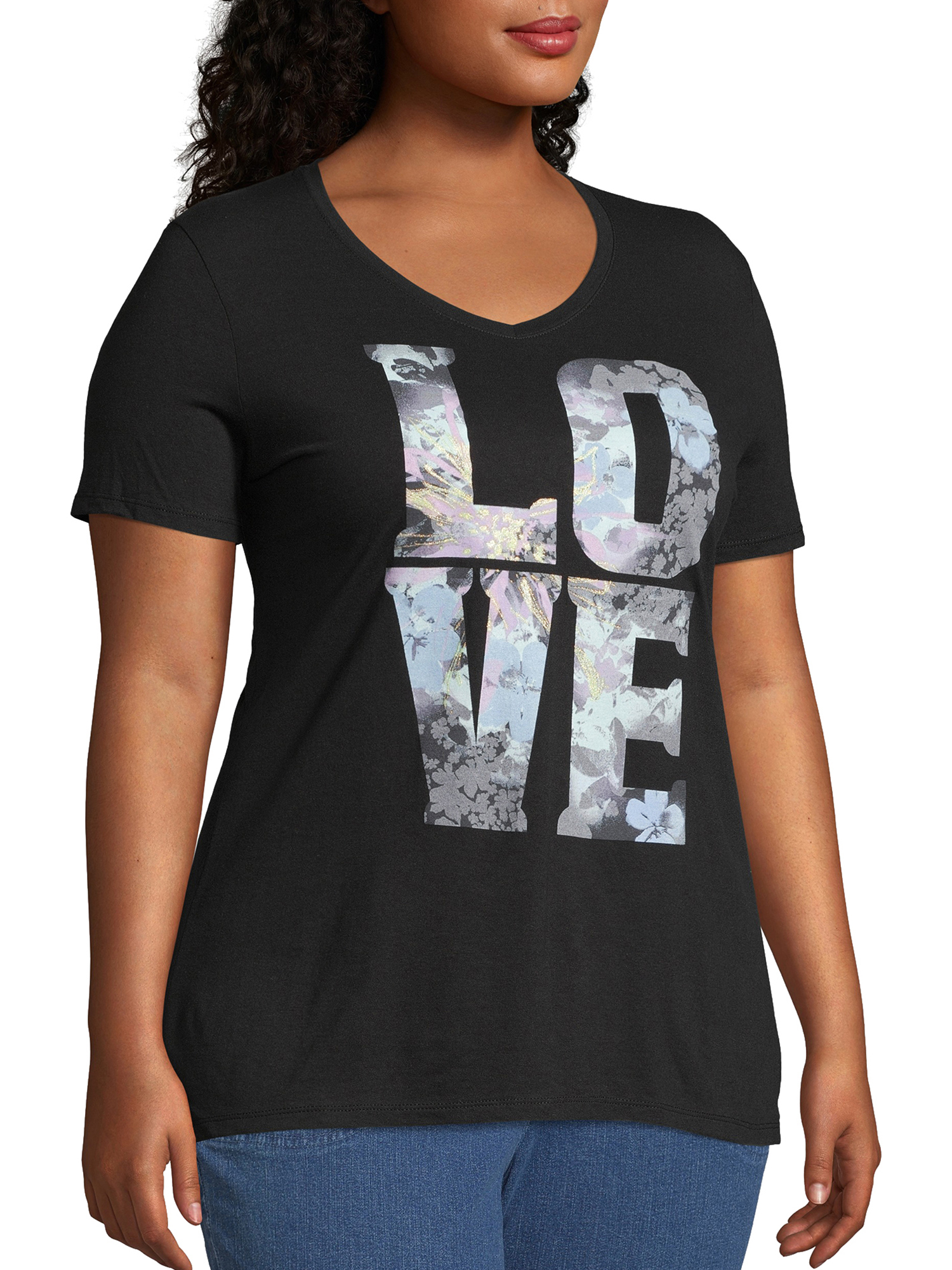 Just My Size Women's Plus Size Graphic Short Sleeve V-neck Tee - image 2 of 5