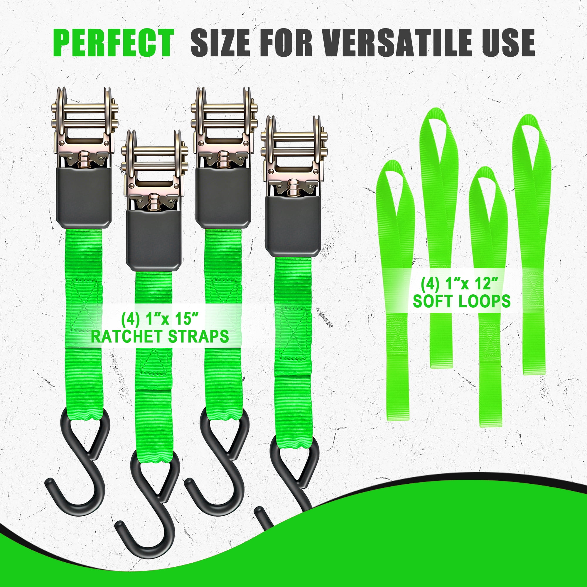 AWELCRAFT Tie-Down Ratchet Straps S-Hooks 1500 lb Load Capacity Green 4-Pack 1 Inch x 15 ft,Green