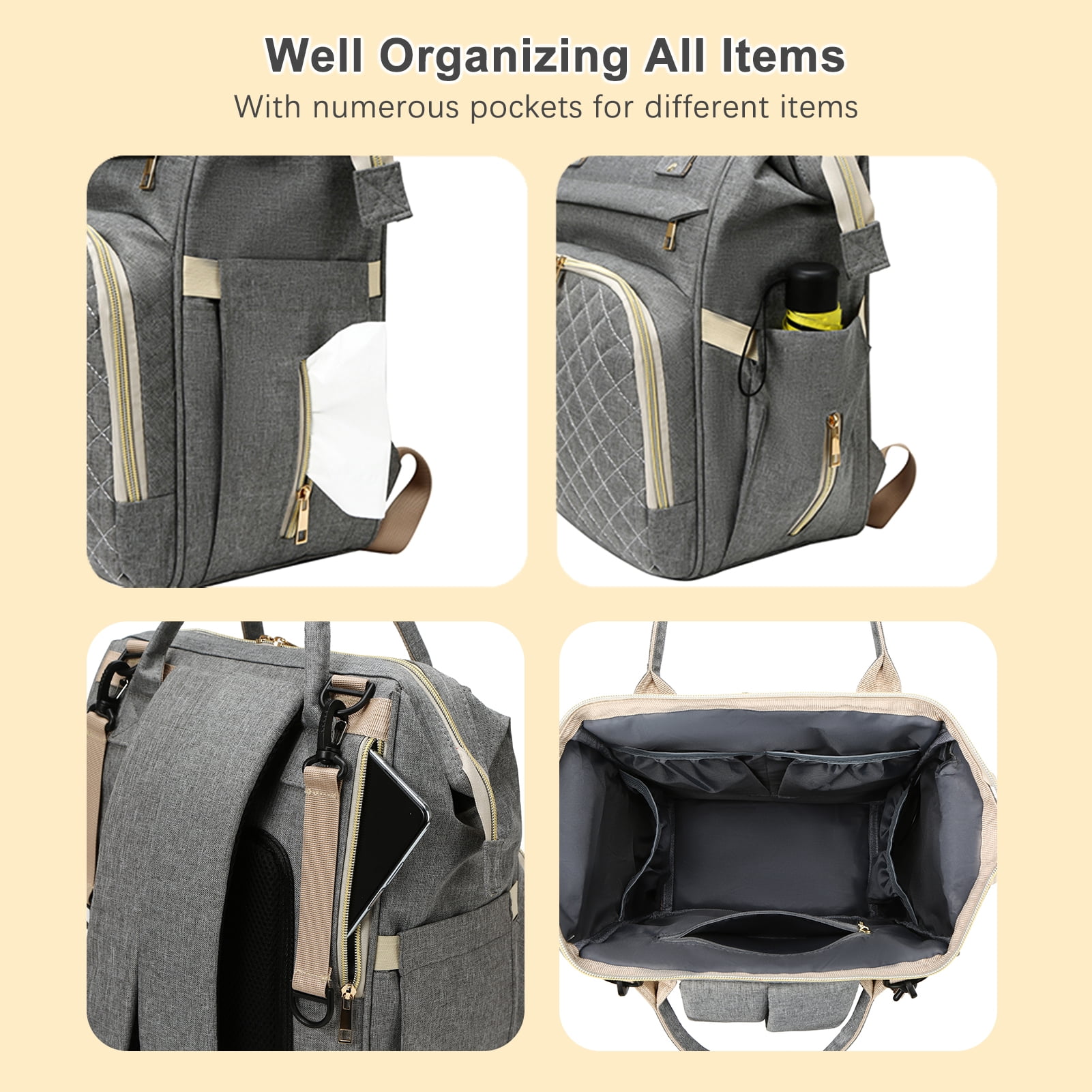 Large Capacity Portable Diaper Bag Backpack - Water-Resistant Baby Travel Nursing Bag with USB Charging Port, Stroller Straps, and 3 Insulated Pockets for Baby Bottles