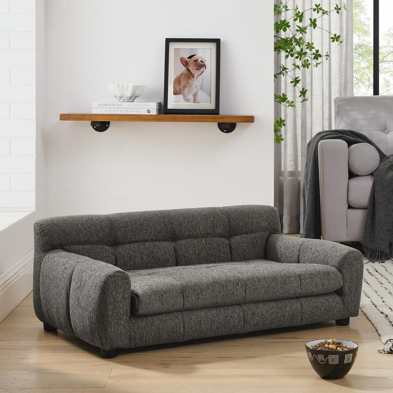 38" Dog Sofa Bed, Elevated Dog Bed with Backrest and Armrests, Soft Memory Foam Couches for Small and Medium-Sized Pets, Durable Linen Pet Couch Furniture, Dark Gray