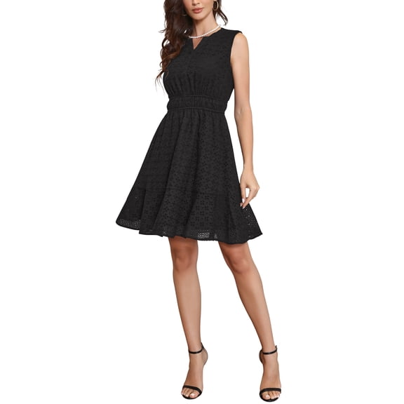 INSPIRE CHIC Summer Dress for Women Sleeveless V Neck Eyelet Hollow Out A Line Mini Dresses S Black