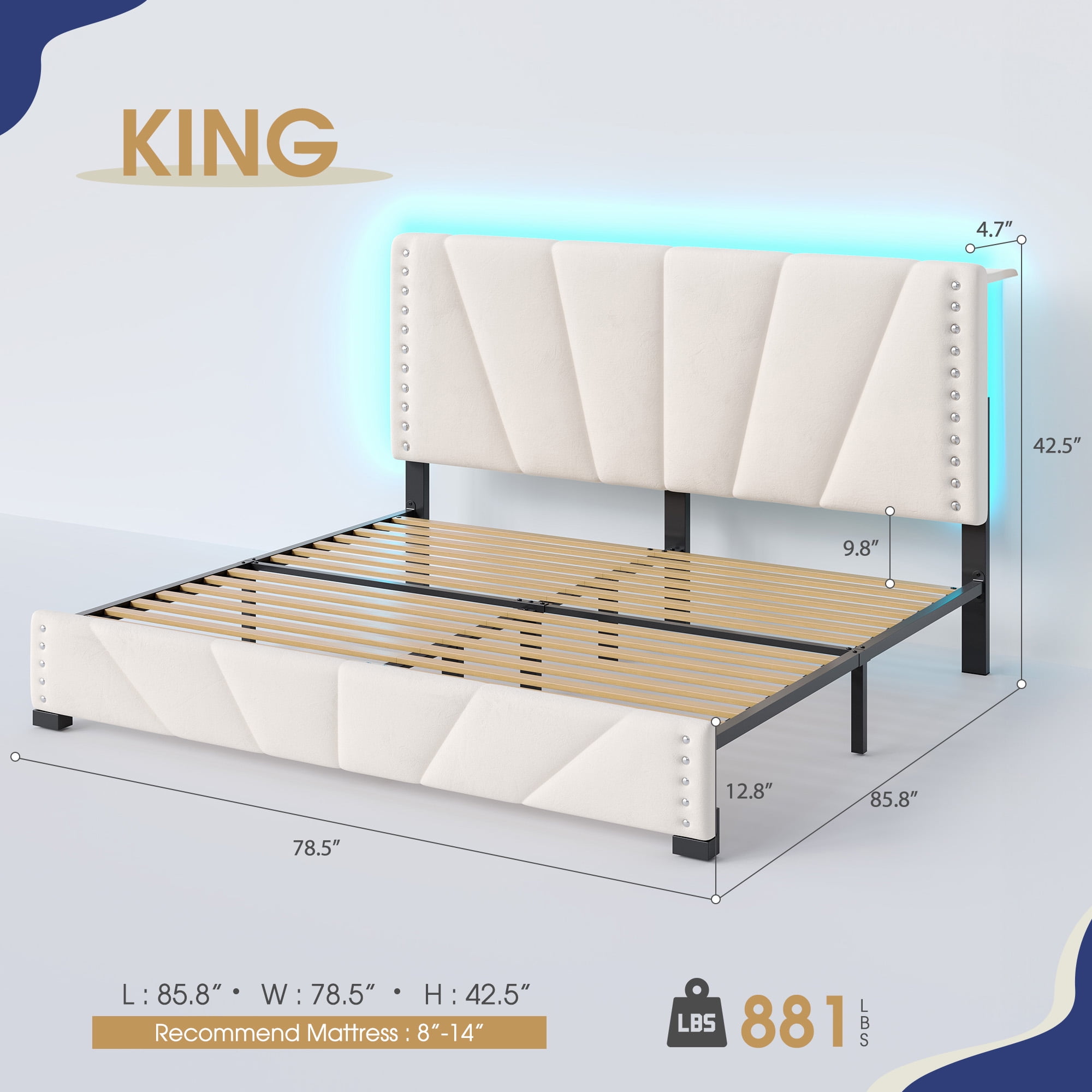 Upholstered Bed Frame with Headboard King Size Bed Frame with LED Lights & Storage,Beige